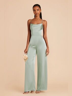NWT Birdy Grey Donna Matte Satin Sage Cowl Neck Wide Leg Jumpsuit XS